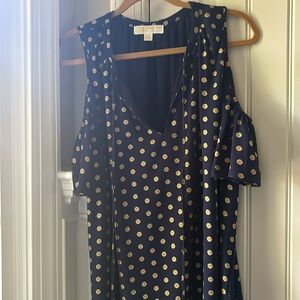 Michael Kors cold shoulder navy and gold foil print blouse size large